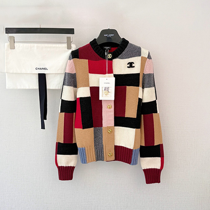 chanel colorful block check round neck knit cardigan